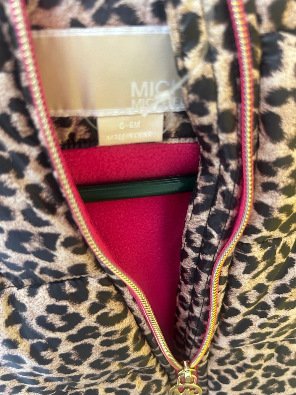 MICHAEL Michael Kors Leopard-Print Puffer One-Piece Pink Trim 0-6 M NWT